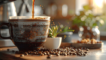 Morning Coffee Pour Warm Sunlight Illuminates Dark Coffee Beans and Ceramic Mug on Wooden Table with Green Plants and Bokeh Background