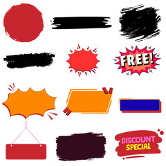 Vector set of grunge banners with paint brush strokes and splash elements for web design collection featuring artistic labels and shapes