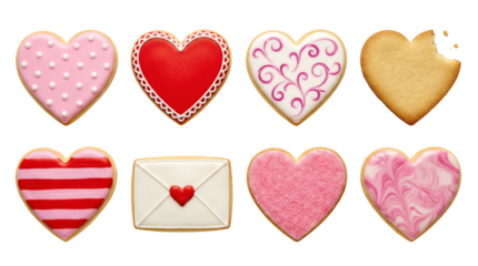 Valentine's Day heart cookie set including decorated icing, sprinkles, stripes, and envelope shapes. Sweet dessert and bakery collection.