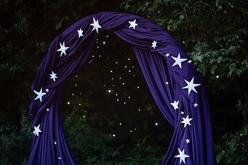 A celestial circular wedding arch draped in deep purple fabrics and adorned with white star accents for a night under the stars,
