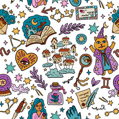 Fairytale vector background. Wizard and books, fairytale characters. Design for teenagers and children. Heart and magic. Seamless pattern with tarot and astrology.