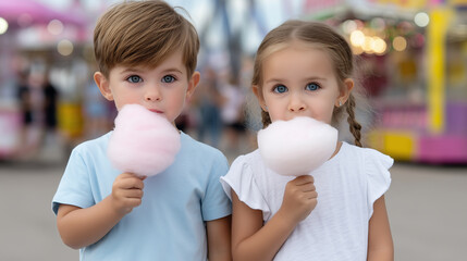  playful toddler boy and girl enjoying cotton candy at amusement park, happy childhood fun, carnival treat scene, with copy space