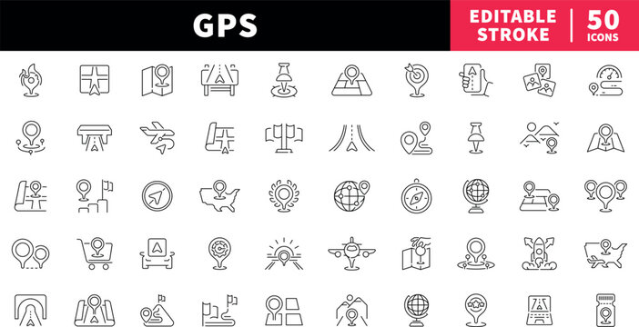 Navigation and maps editable line icons set. location and direction symbols