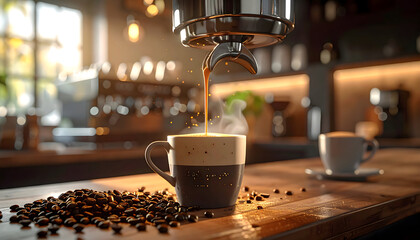 Rich Espresso Drips Into A White And Gray Speckled Mug Steam Rising From The Hot Beverage Surrounded By Scattered Coffee Beans On A Wooden Countertop Warm Sunlight Streams Through A Window Creating A