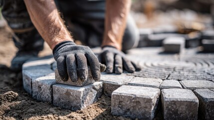 A worker carefully places a stone block while constructing a patio.