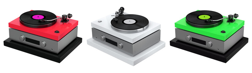 Fototapeta premium Set of modern turntables with integrated amplifiers, placed on wooden stands, isolated on white background. Concept of retro music