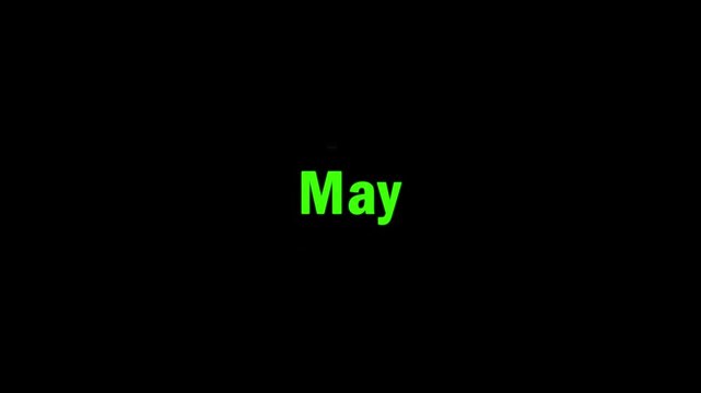 Glowing green month calendar scrolling text animation yearly timeline on black background. January to December month