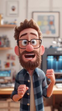 Un hombre con barba y gafas, con una expresi&oacute;n de asombro, frente a una impresora 3D.