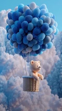 Un adorable osito de peluche viaja en una cesta tejida, impulsado por una nube gigante de bolas de algod&oacute;n azul.