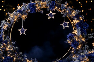 A celestial-themed circular wedding arch adorned with star-shaped decorations and deep blue flowers, ideal for a night ceremony,