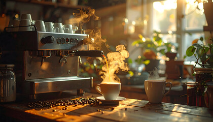 Warm Morning Cafe Scene with Espresso Machine Steaming Coffee Cups and Sunlight Filtering Through Plants