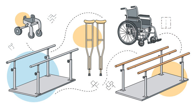 Comprehensive collection of medical mobility assistance equipment including a wheelchair, crutches, a walker, and physical therapy parallel bars.