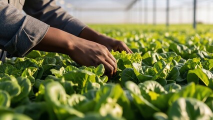 Farmer Inspecting Fresh Lettuce in Greenhouse.