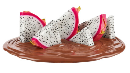 Dragon fruit fresh white on milk chocolate melted isolated transparent background exotic slice