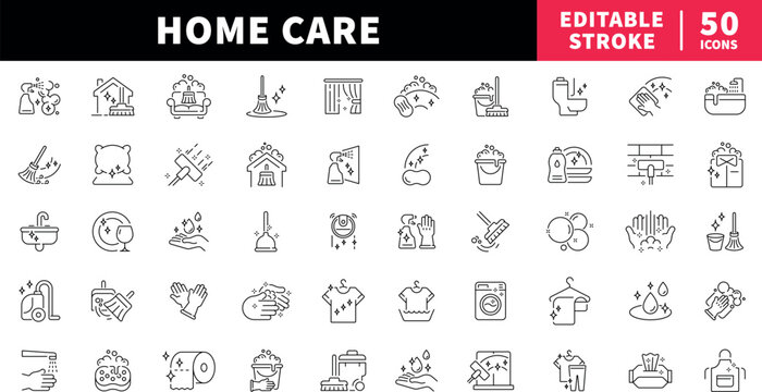 Home care editable line icons set: cleaning and maintenance symbols