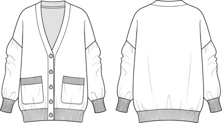 Women cardigan sweater CAD drawing, flat vector illustration, front and back view technical fashion sketch, button up knitwear design isolated on white background