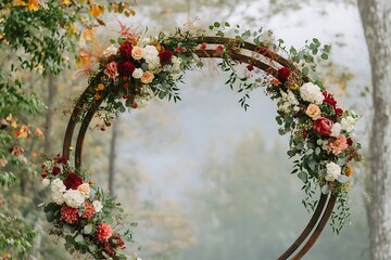 A charming circular wedding arch crafted from repurposed materials and adorned with seasonal flowers for a unique feel,