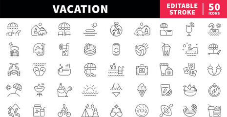 Vacation editable line icons set. holiday and travel symbols