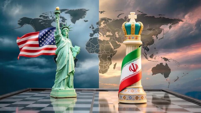 Iran and US of America conflict. American statue of liberty and iranian chess king on a chessboard