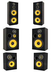 Set of stylish wooden speakers isolated on white background, concept of home audio and music equipment