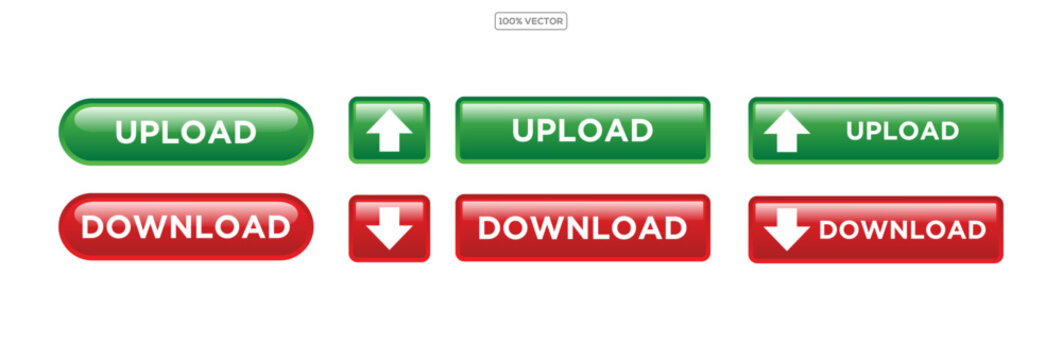 red and green color Download upload vector button collection featuring file transfer icons illustration