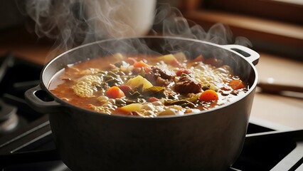 A large pot of steaming hot soup on a stovetop in a kitchen