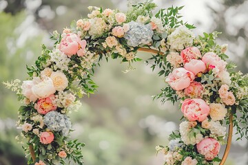 A charming circular wedding arch with vintage-inspired floral arrangements, including peonies and hydrangeas, for a romantic feel,