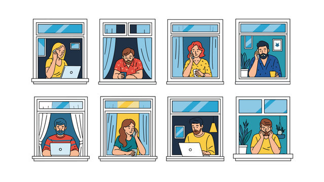 Grid of diverse people seen through window frames working from home, using computers, and talking on smartphones during isolation.