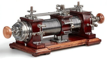 Fototapeta premium Antique electric motor with wooden base detailed metallic components and classic design