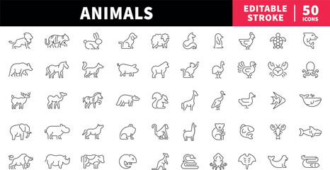 Fototapeta na wymiar Animals editable line icons set. wildlife and nature symbols in outline style
