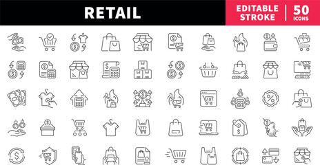 Retail editable line icons set. shopping and commerce symbols