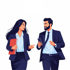 Business professionals walking and discussing work related topics in a corporate setting together