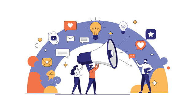 Marketing team using a giant megaphone to spread information and social media engagement symbols in a colorful flat illustration.