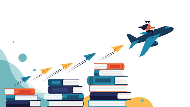 Determined woman flying a blue airplane as it takes off from a stack of books towards success and higher career goals in life.