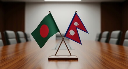 Flags of Bangladesh and Nepal on a conference table