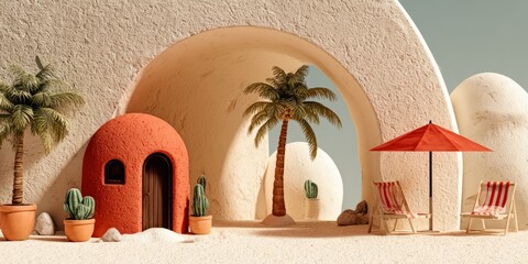 Sunny Summer Vacation Scene with Palm Trees, Red Umbrella, and Sand Structure