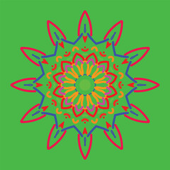Colorful Mandala with Petals and Teardrops, Symmetrical Design on Green Background for Meditation, Art, Balance, and Decorative Harmony