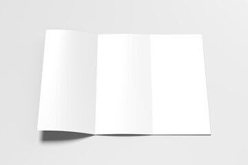 Minimalist tri-fold brochure template on a light grey background with shadows.