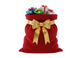 hyperdetailed, luxurious crimson velvet santa gift sack cinched by a perfect golden bow, overstuffed with wrapped presents, isolated on shadowless white, concept of high-end holiday celebration