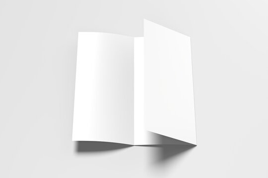 Minimalist tri-fold brochure template on a light grey background with shadows.