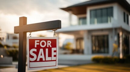 Modern House For Sale Sign in Front of New Property Under Bright Sky During Sunset in a Tranquil Neighborhood