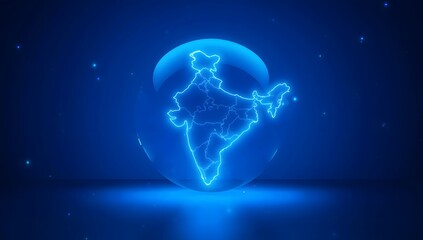 Fototapeta premium Neon outline of India inside a glowing blue sphere against a dark blue background with scattered lights
