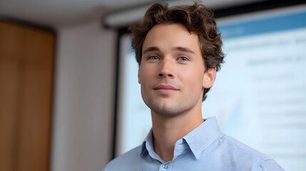 Young professional man smiling confidently in front of a presentation screen in an office