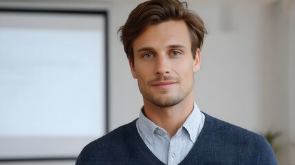 A professional man with blue eyes and brown hair smiles confidently in front of a projector screen in a modern office setting