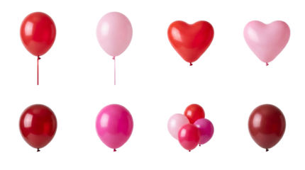 Red and pink balloon set including heart shapes, oval variants, and cluster compositions isolated. Party decoration and celebration element collection.