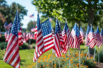 A large group of American flags. Veterans or Memorial day display