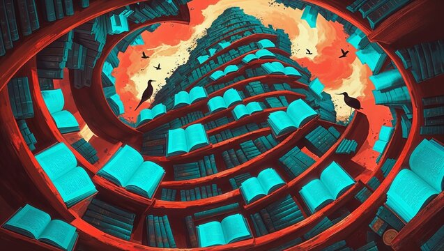 Infinite library with open books on shelves, spiral staircase reaching the sky, surreal art.