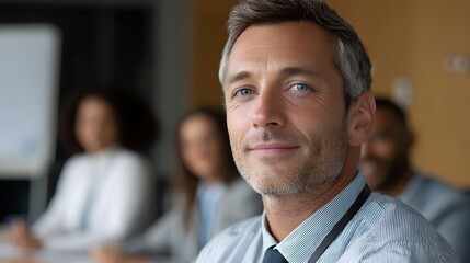 Fototapeta premium A confident middle aged businessman smiles at the in a modern office meeting room