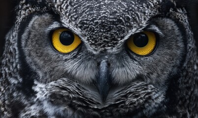Fototapeta premium a close-up of an owl's face, with yellow eyes and black feathers, looking directly at the camera.
