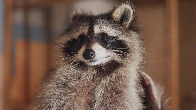 Raccoon grooming paws with lively motion, juvenile raccoon scratches ear and rubs face, shakes droplets from whiskers, expressive head and body movement, warm wooden interior backdrop, candid animal